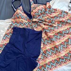 Navy & Multicolor Pattern One-Piece Swim Dress